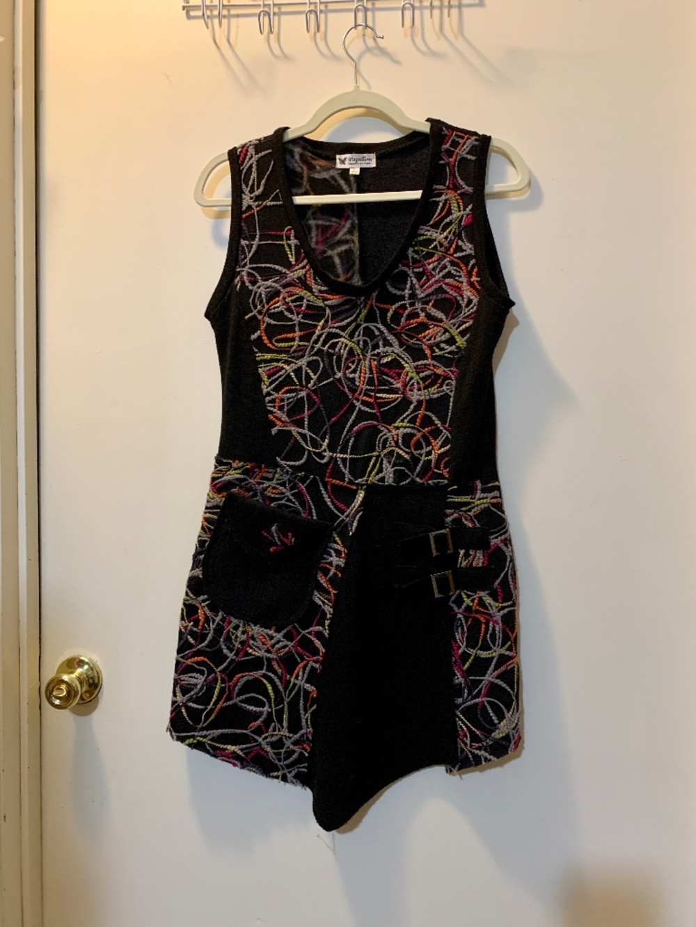 Papillon Black Felt & Fabric Dress w Multi Color Yarns 1 Pocket 2 Buckles Size M